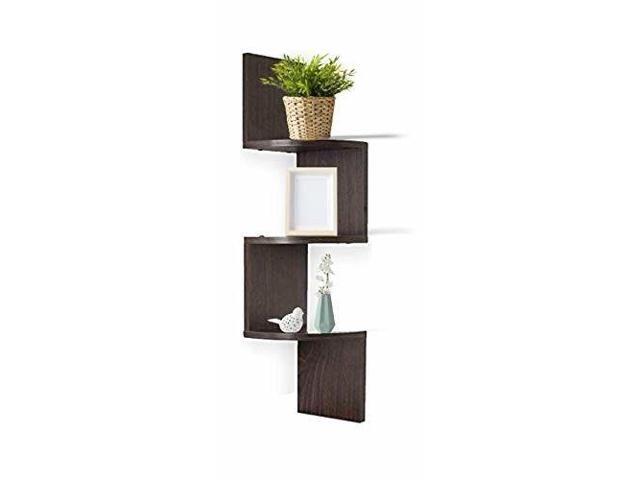 Js Walnut Corner Zig Zag Wall Mount Shelves 3 Tier Modern Floating Storage Display Newegg Com