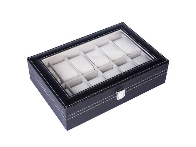 12 Slot Leather Watch Box Organizer Glass Jewelry Storage Case Large Capacity