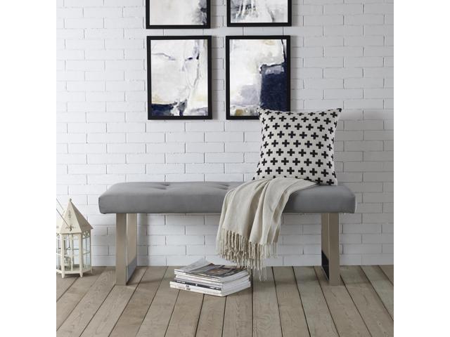 Roy Grey Velvet Chrome Bench Stainless Steel Legs Tufted