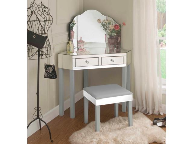 Indra Gray Mirrored Corner Vanity Set, Corner Vanity Desk With Drawers