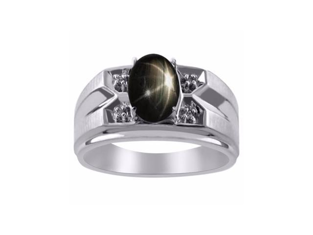 Black Star Sapphire & Diamond Ring Sterling Silver or Yellow Gold Plated Silver Band 