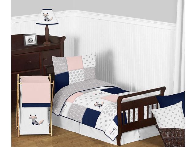 Sweet Jojo Designs 5 Piece Navy Blue Pink And Grey Patchwork Woodland Fox Arrow Girl Toddler Kid Childrens Bedding Set Comforter Sham