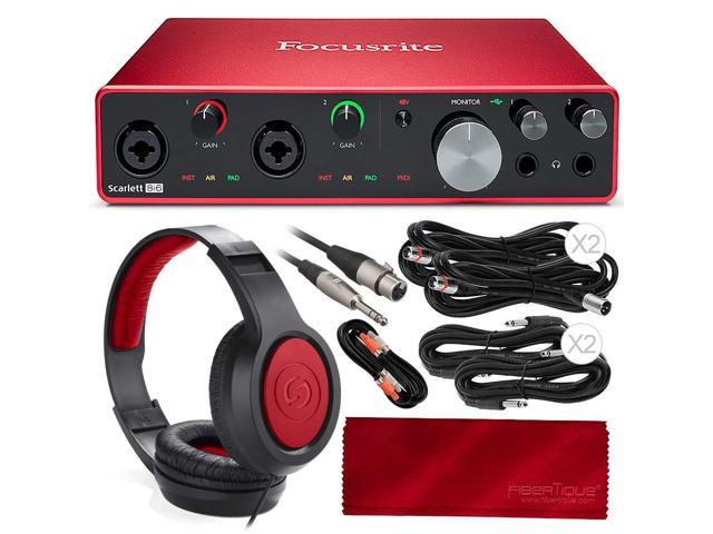 Focusrite Scarlett 8i6 8-in 6-out USB Audio Interface + Samson SR360 Over-Ear Dynamic Stereo Headphones, Cables, and Fibertique Microfiber Cleaning Cloth