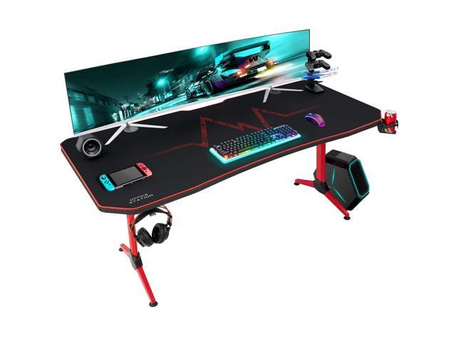 Furmax 63 Inch Gaming Desk Y-Shaped PC Computer Table with Carbon Fibre Surface Free Mouse Pad Home Office Desk Gamer Table with Game Handle Rack Headphone Hook and Cup Holder (Red)