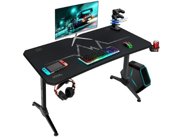 Furmax 43 Inch Gaming Desk Racing Style PC Computer Desk Y-shaped Home Office with Desk Large Carbon Fiber Desktop, Cup Holder, Headphone Hook, Full Mouse Pad, and Gaming Handle Rack (Black)