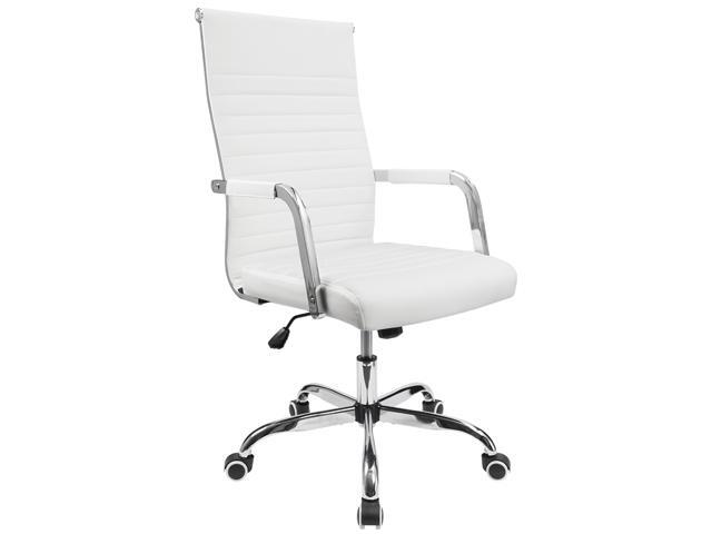 Furmax Ribbed Office Chair Mid Back Pu Leather With Adjustable Height And Swivel White Newegg Com