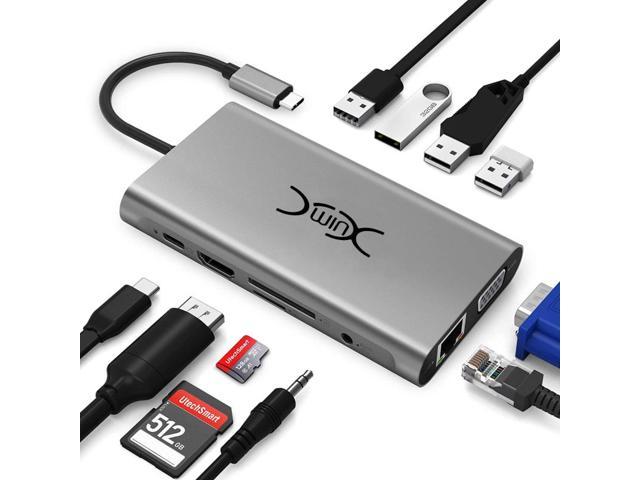 LAN Port 2 USB 3.0 USB-C hub Cable Adapter Audio Port VGA SD/TF Card 8-in-1 Multi-Port Type C to HD-mi