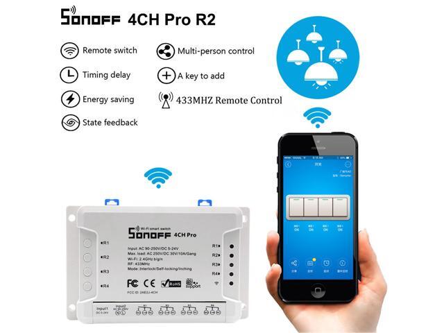 Sonoff 4ch Pro R2 Smart Wifi Light Switch 4 Gang 3 Working Modes Inching Interlock Self Locking Rf Wifi Switch Works With Alexa