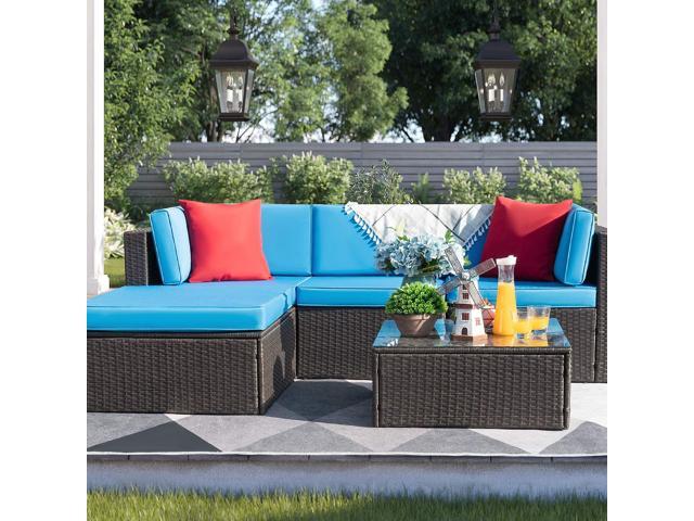 Devoko 5 Pieces Patio Furniture Sets All Weather Outdoor Sectional Sofa Manual Weaving Wicker Rattan Conversation Set With Cushion And Glass Table Blue Newegg Com - All Weather Patio Furniture Set