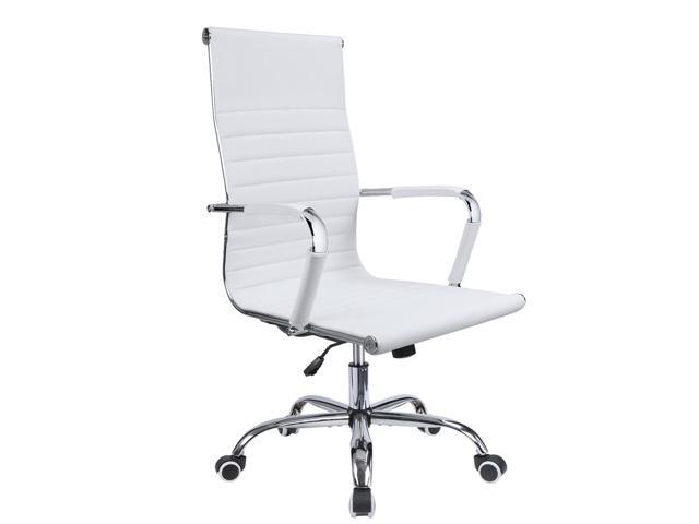 Furmax Ribbed Office Desk Chair Mid-Back Leather Executive Conference Task Chair Adjustable Swivel Chair with Arms White