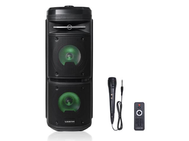 Photo 1 of Sound Town Dual 6.5” Portable PA Speaker with Built-in Rechargeable Battery, 1 Wired Mic, Bluetooth, USB, SD Card Reader, LED Light