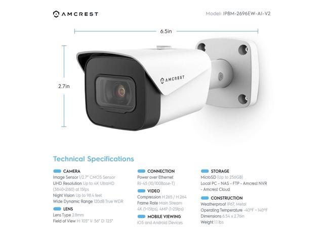 Amcrest UltraHD 4K 8MP Outdoor Bullet POE IP Camera, 3840x2160, 98ft ...