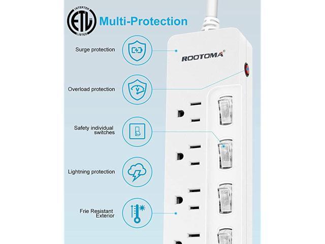 Individual Switched Power Strip Surge Protector with 6-Outlet,ETL Certified,6-Foot 14AWG Long Extension Cord 1875W/15A Wall Mount for Office Dorm Home Theatre ROOTOMA 