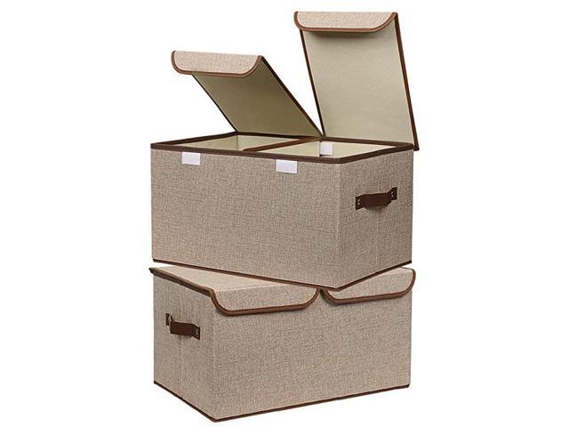 Large Storage Bins Linen Fabric Foldable Basket Cubes Organizer Storage Drawer with Lid and Handles for Home Office Closet Bedroom Nursery Khaki2pcs
