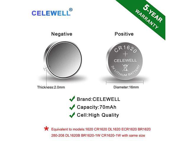 CELEWELL CR1620 5 Pack CR 1620 Battery for Key Fob Tracker 70mAh 3V Lithium  Coin Cell 5-Year Warranty