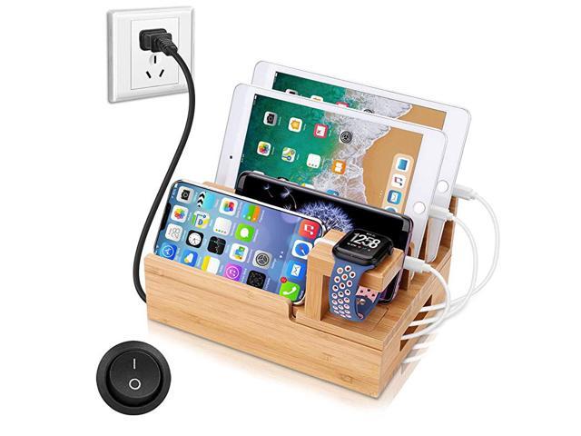 Charging Station Organizer,Fast Charging Station for Multiple Device 5-Port USB Bamboo Wood Charging Dock,Universal Apple Watch Phone Pad and Android Like Samsung Cell Phones & Tablets