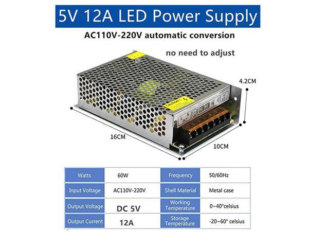 5V 12A 60W Switching Power Supply Unit 120/240VAC LED Strips Pixels CCTV PSU USA 