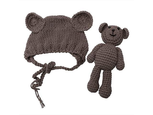 A01:brown Newborn Baby Bear Hat Beanie with Bear Dolls Photography 