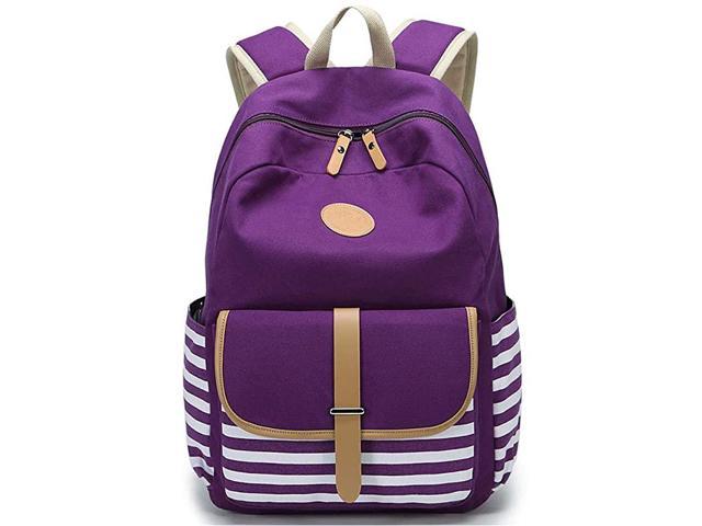 Teenager Girls Canvas Stripe Backpack with USB Charging Port Casual School Bags Large Capacity Laptop Shoulder Daypack for Student Women 