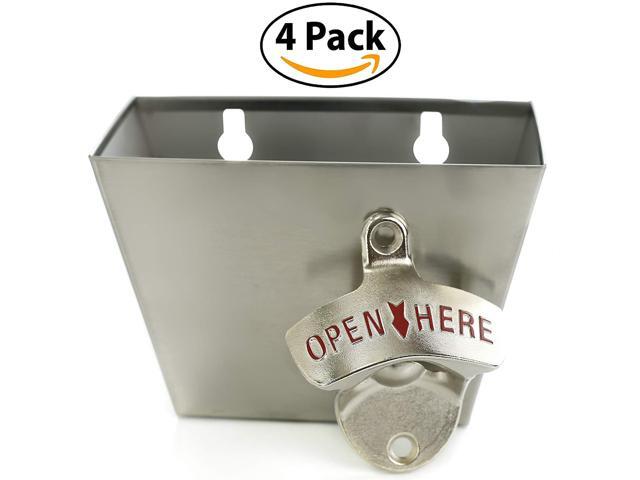 Four Pack Wall Mounted Beer And Soda Bottle Openers Set With Stainless Steel Removable Cap Catcher Bin Free Mounting Hardware Included Quick