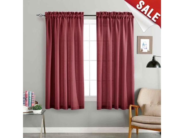 Semi Sheer Curtains For Living Room 63 Inches Long Burgundy Red Linen Look Textured Privacy Window Curtain Panels Bedroom 1 Pair Rod Pocket