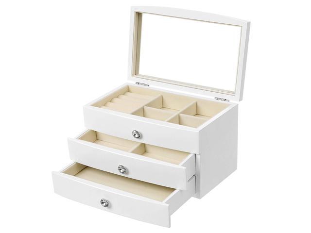 Mics Jewelry Box Wooden Case 3 Layer Organizer With Large Mirror White Ujow03w Newegg Com