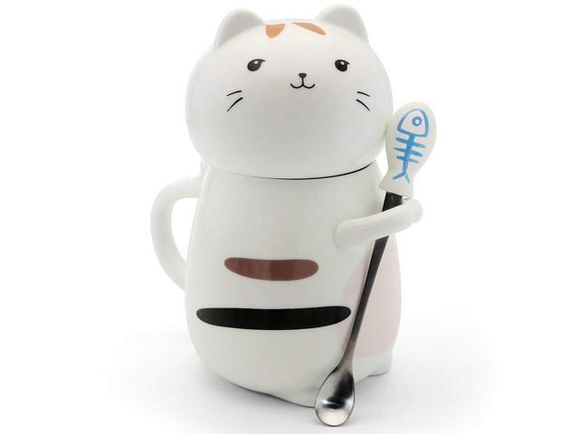 Asmwo Cute 3d Cat Mug Funny Ceramic Coffee Tea Mug With Stirring Spoon And Lid Novelty Birthday Christmas Thanks Giving Gift For Cat Lovers White 14