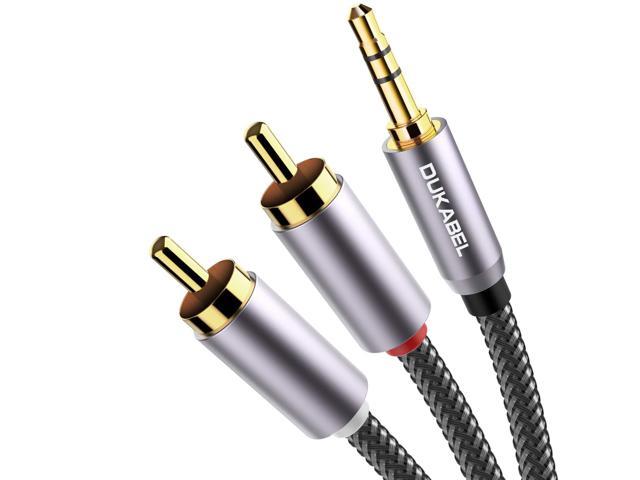 DuKabel Top Series RCA Cables (8 Feet / 2.4 Meters) RCA to 3.5mm 2-Male RCA to AUX Audio Cable Crystal-Nylon Braided/ 24K Gold Plated/ 99.99% 4N OFC Conductor