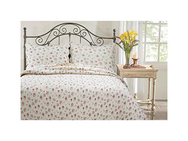 Pink, Twin - 2 Piece Pink White Flower Floral Embroidered Real Patchwork 100/% Cotton Reversible Coverlet Bedspread Gifts for Kids Girl Women Cozy Line Home Fashions Daisy Field Bedding Quilt Set