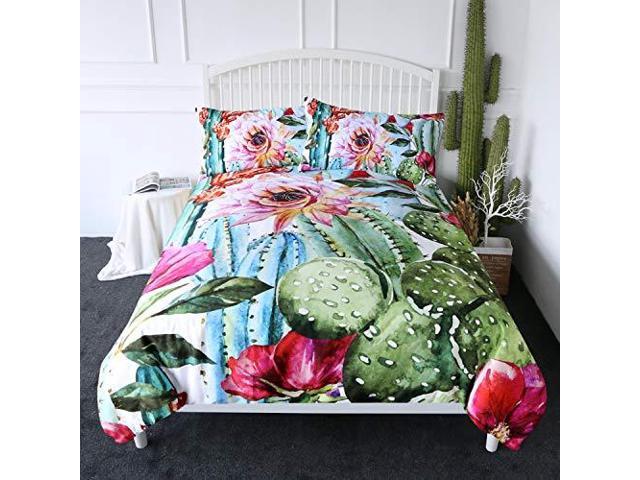 Twin Bright Cactus Pattern Bedding Set Green plants cactus Print 3 Pieces Duvet Cover Set Nature Art Prints Decor Collection