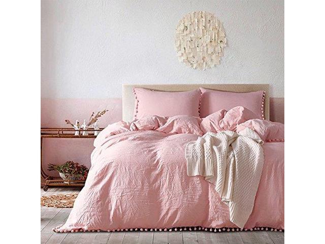 Aimay Pom Poms 3 Piece Duvet Cover Set 1 2 Pillow Shams Stonewashed Brushed Luxury 100 Super Soft Microfiber Bedding Collection Twin