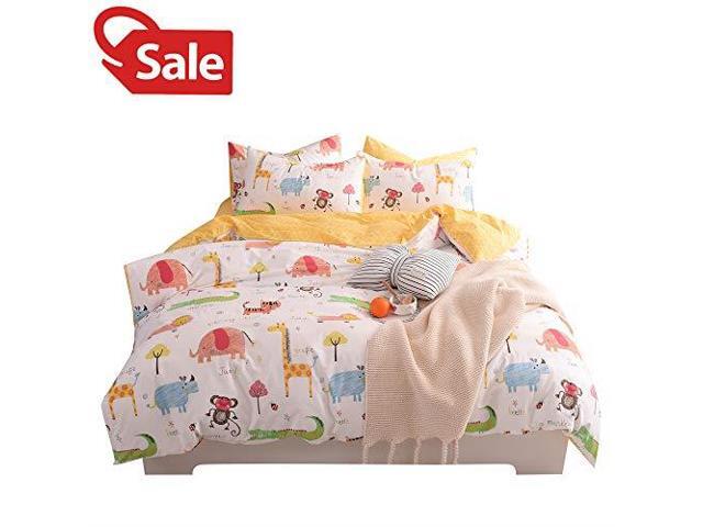 Jungle Animals Boys Twin Duvet Cover Set Cotton White Yellow Teen Kids Bedding Sets For Girls Zoo Party Cute Elephant Tiger Monkey Beetle Giraffe Lion