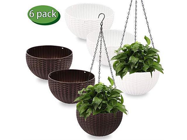 Artbun 6 Pack Hanging Planter Round Plastic Wickerdesign Chain Basket Hanging Pot With Drain Hanging Basket For Flowers And Plants With 6 Hanging