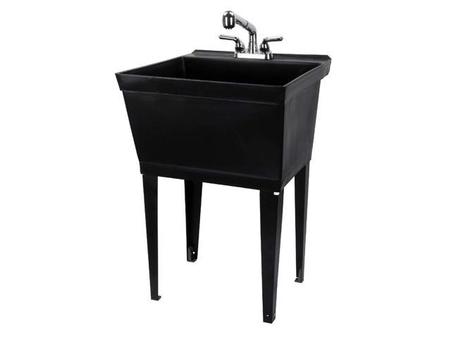 Black Utility Sink Laundry Tub With Pull Out Chrome Faucet Sprayer Spout Heavy Duty Slop Sinks For Washing Room Basement Garage Or Shop Large