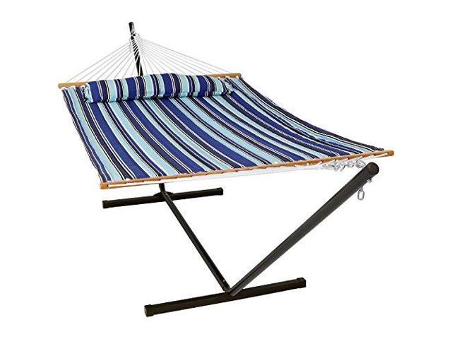 Sunnydaze 2 Person Double Hammock With 12 Foot Portable Steel Stand Spreader Bar Quilted Fabric Bed Canyon Sunset
