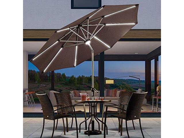 9 Feet Solar Powered Led Lighted Patio Umbrella With Push On Tilt And Crank Outdoor Market Garden Brown Newegg Com