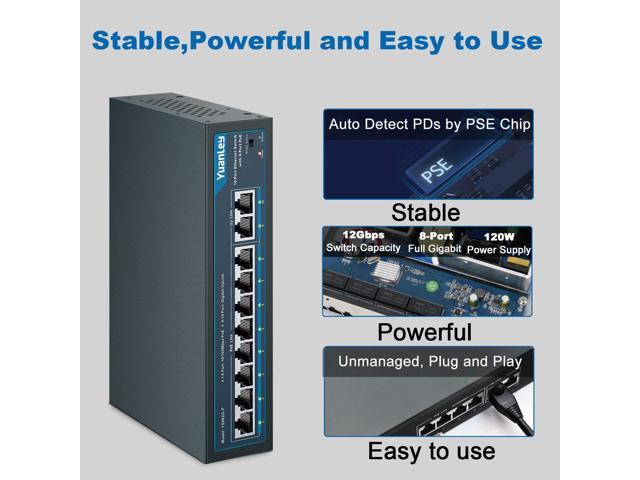YuanLey 10 Port PoE Switch, 8 PoE+ Port 100Mbps, 2 Gigabit Uplink, 120W  802.3af/at, Extend Function, Metal, Fanless, Plug and Play