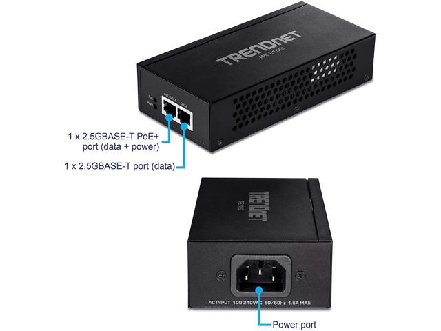 Converts a non-PoE Port to a PoE+ 2.5G Port 30W 15.4W 2.5GBASE-T Compliant Network a PoE device up to 100m or PoE+ 328 ft. TRENDnet 2.5G PoE+ Injector PoE TPE-215GI Integrated Power Supply 