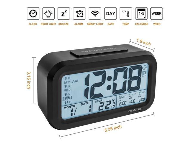 Digital Snooze LED Alarm Clock Backlight Time Calendar Thermometer Smart Light 