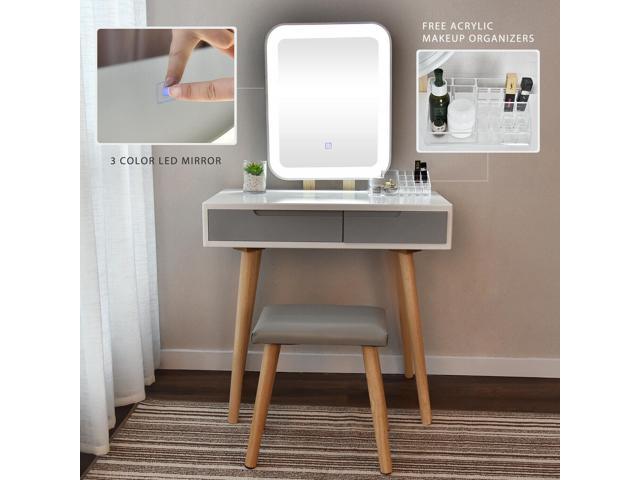Vanity Table Set With Adjustable, Led Vanity Table Set With Lighted Touch Screen Mirror Cushioned Stool