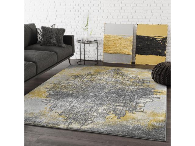 Grey & Yellow Abstract Art Area Rug Contemporary Style Abani Rugs Laguna Collection Modern 4' x 6' Rectangle Accent Rug 