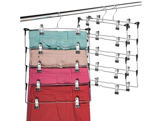 space saving 5 tier metal skirt hanger with clips (3 pack) hang 5-on-1, gain 70% more space, rubber coated hanger clips, 360 sw