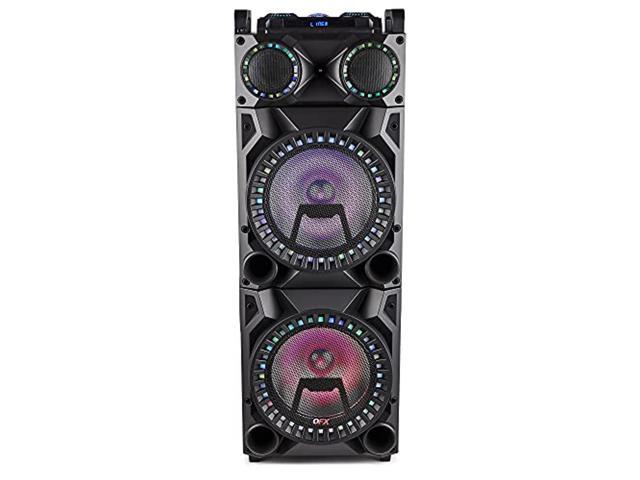 Photo 1 of qfx pbx-1212 tws bluetooth rechargeable recording dual 12? woofer dual 1? tweeter speaker with microphone input, guitar input, aux input, usb port, sd card port, fm radio, and led party lights