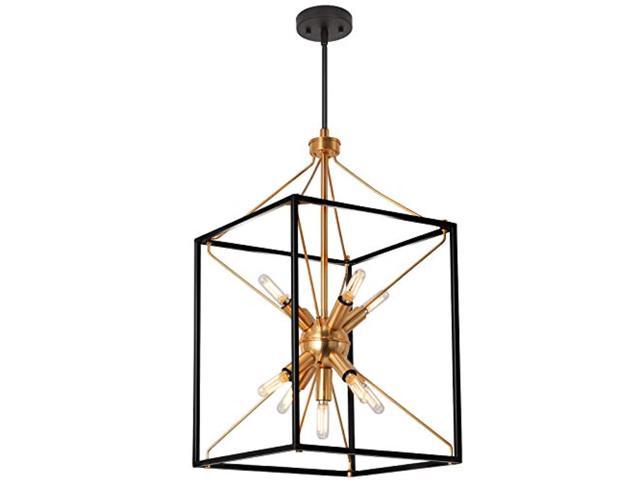 9-light chandelier, adjustable height lantern pendant light with black and brass finish, metal light fixture for dining & living room, foyer, bedroom, kitchen island and entryway, 21.8"h x 12"w