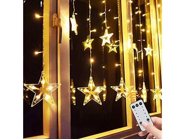 Photo 1 of star curtain lights, 138 led 12 stars remote window curtain string lights plug in with 8 flashing modes decoration for christmas, wedding, bedroom, party, birthday, 7.3ft w, 3.3ft h, warm white