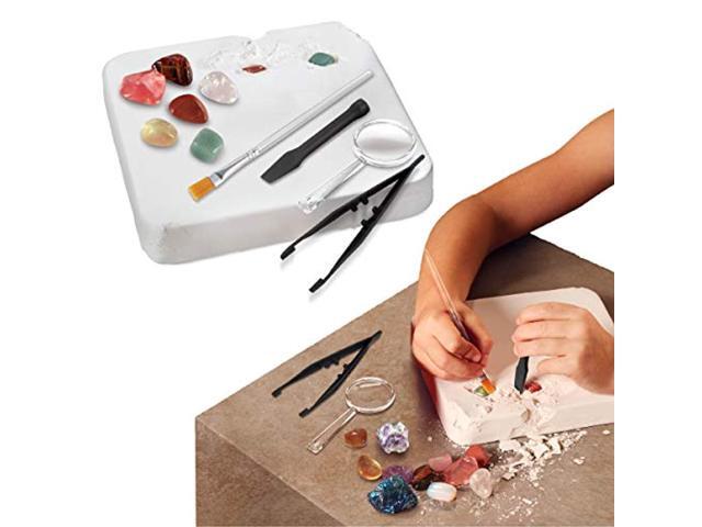 discovery kids gemstone excavation kit, chalk exploration block holds 6 semi precious minerals/crystals, tool set includes chis