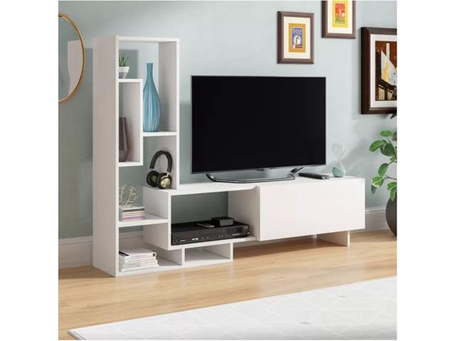 55" Mid Century Modern LED LCD DLP HD Walnut & White Low Profile TV Stand Media 