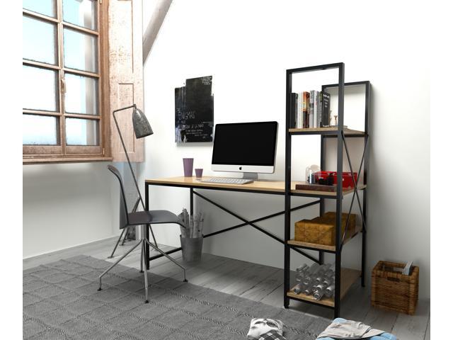 Decorotika Gentile 63 Industrial Computer Desk Office Table Study Writing Workstation With Open Shelves Bookcase For Home And