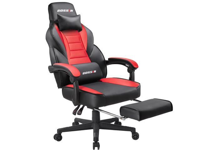 Large Size Computer Gaming Chair Ergomonic Racing Chair with Retractable Footrest,Execultive PU Leather Headrest Lumbar Massager Cushion Ergonomic Swivel PC Chair for Home Black/&Red