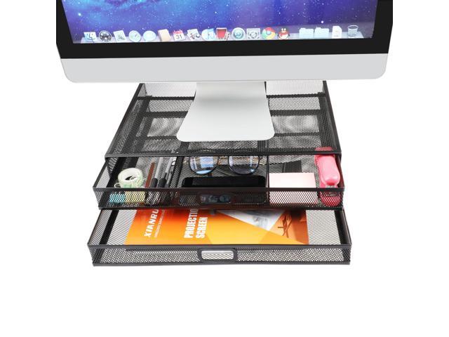 Monitor Stand Riser with Drawer - Mesh Metal Desk Organizer PC, Laptop, Notebook, Printer Holder with Pull Out Storage Drawer